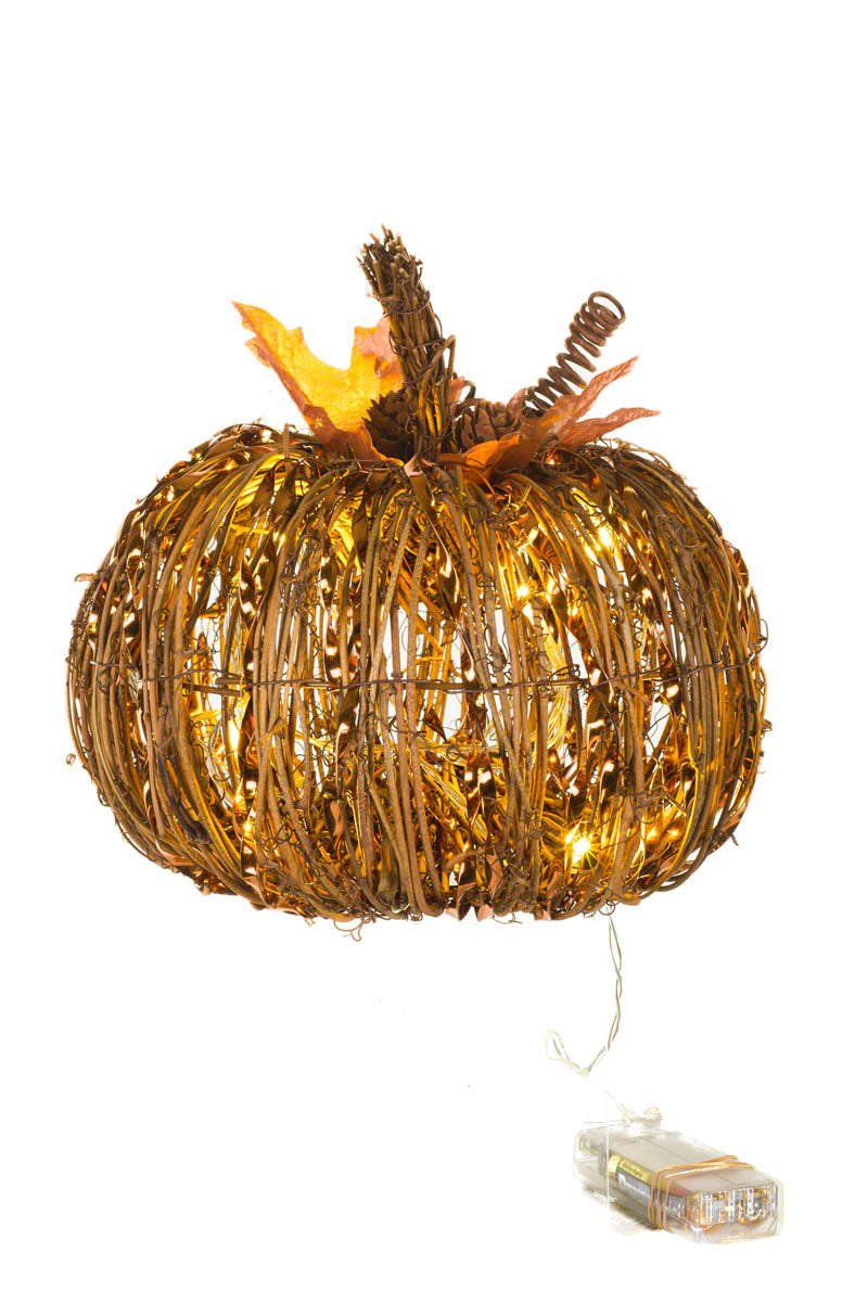 Rattan Brown LED Pumpkin with Wireframe
