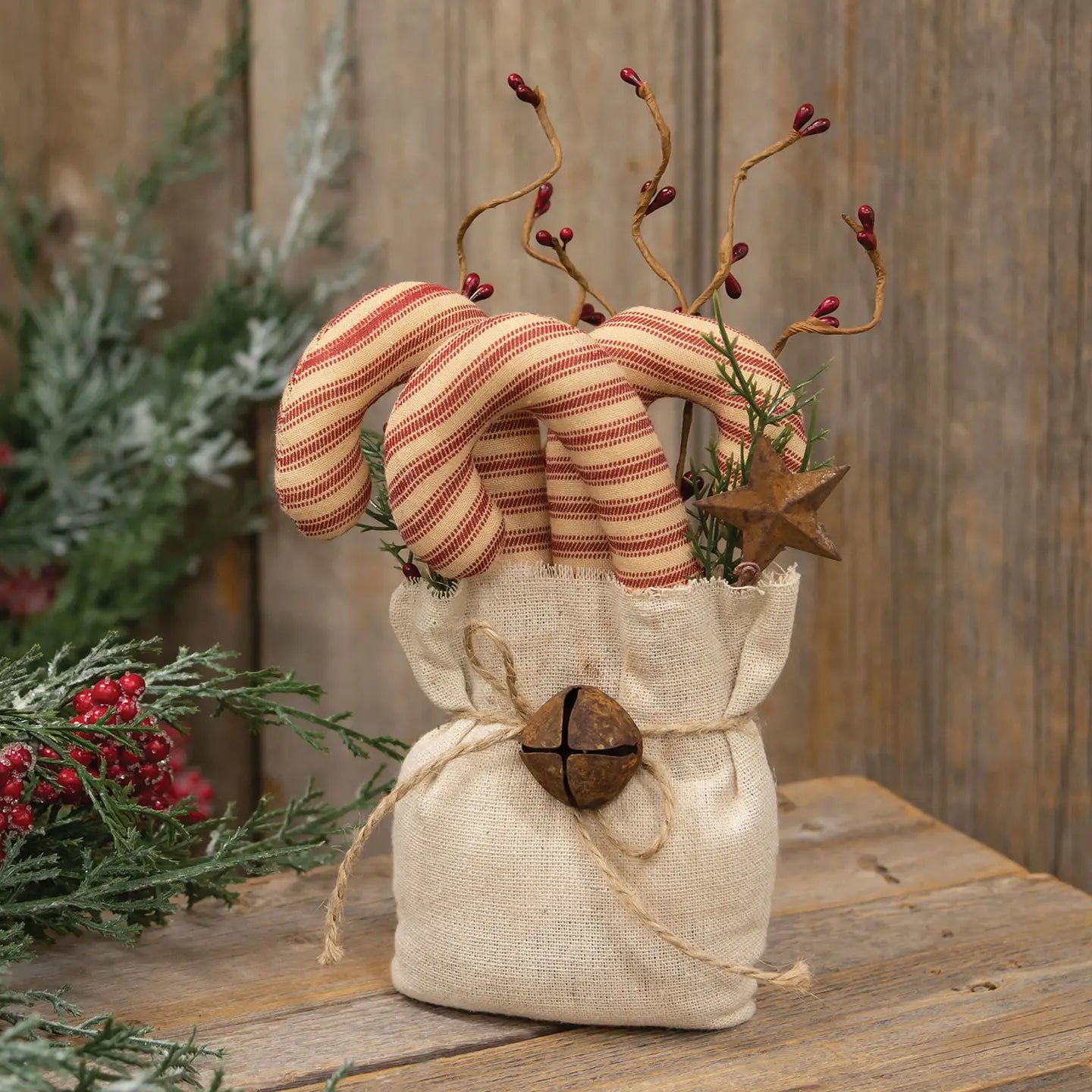 Primitive Stuffed Stripe Candy Canes & Greenery Goody Bag 24cm