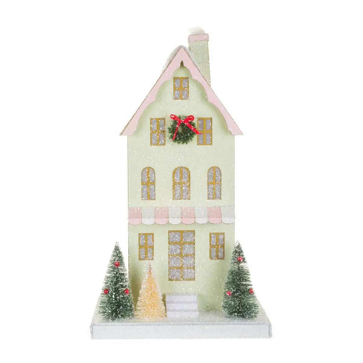 Pastel Green Illuminated House with Snowy Gold Roof - SEPTEMBER ARRIVAL