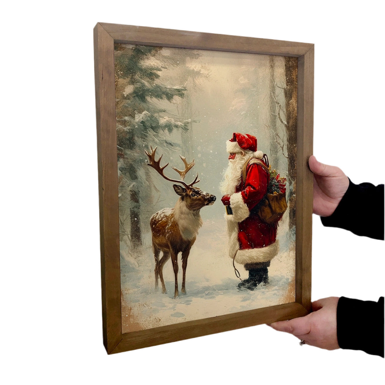 PRE ORDER - “Christmas Santa Claus and Reindeer” Canvas Wooden Framed Art