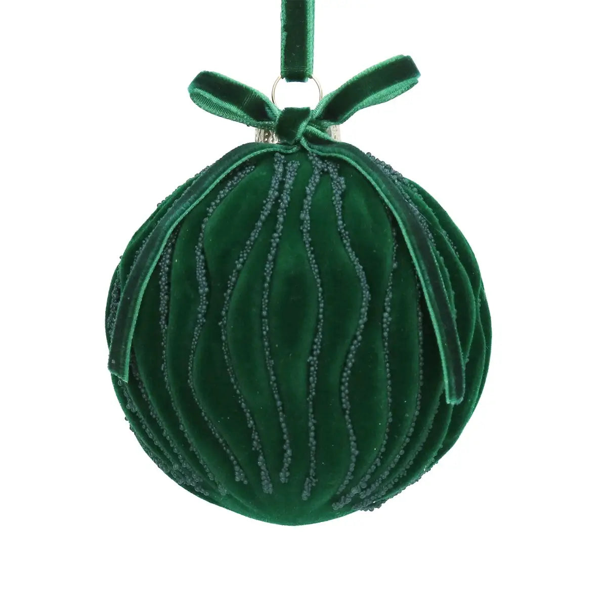 Green Flock Bauble with beaded Swirls - 2026 LATE OCTOBER ARRIVAL