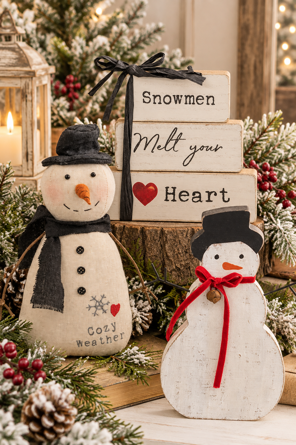 PRE ORDER - Rustic Wood Snowman Sitter with Red Velvet Scarf - 2026 OCTOBER ARRIVAL