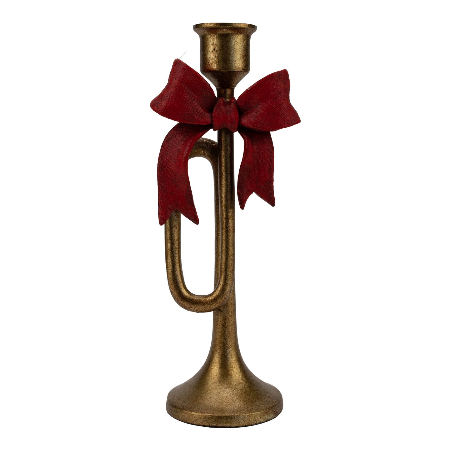 PRE ORDER - Resin Gold Trumpet With Red Bow Candle Holder 26cm - 2026 OCTOBER ARRIVAL