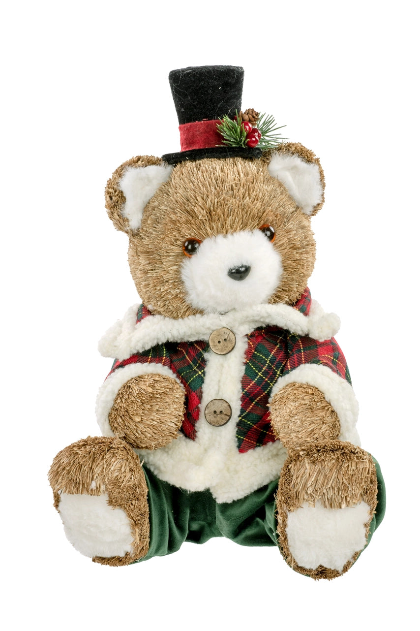 Sitting Plaid Christmas Wood Straw Bear Boy With Top Hat - 2026 SEPTEMBER ARRIVAL