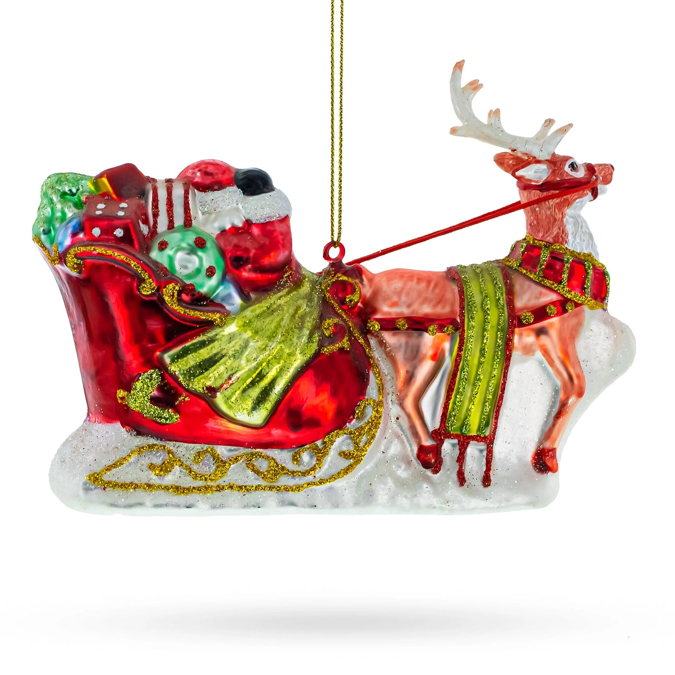 Santa On Festive Sleigh with Reindeer Glass Christmas Ornament