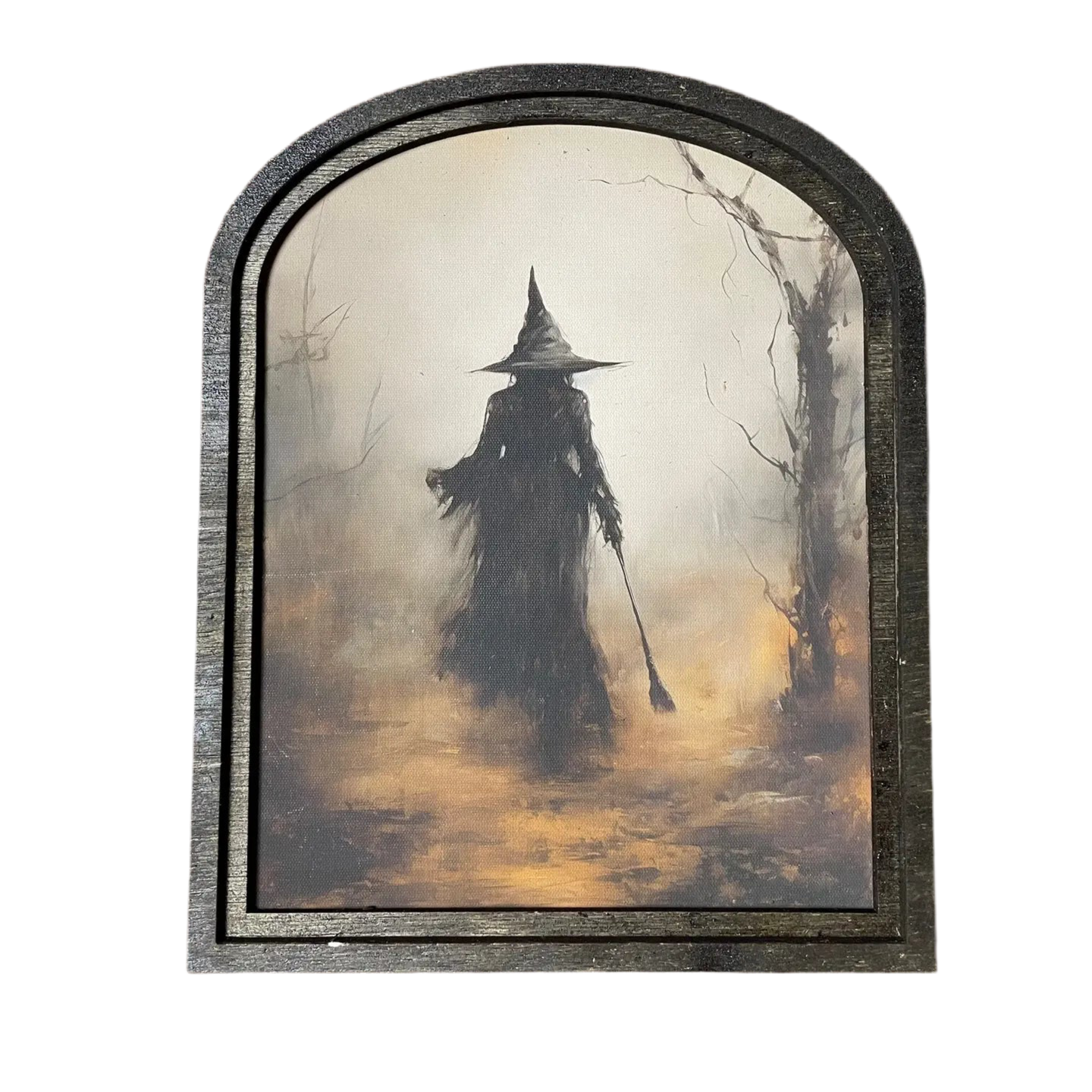 Witch in Dark Forest with Broom in Rustic Black Arched Wooden Frame - MID SEPTEMBER ARRIVAL
