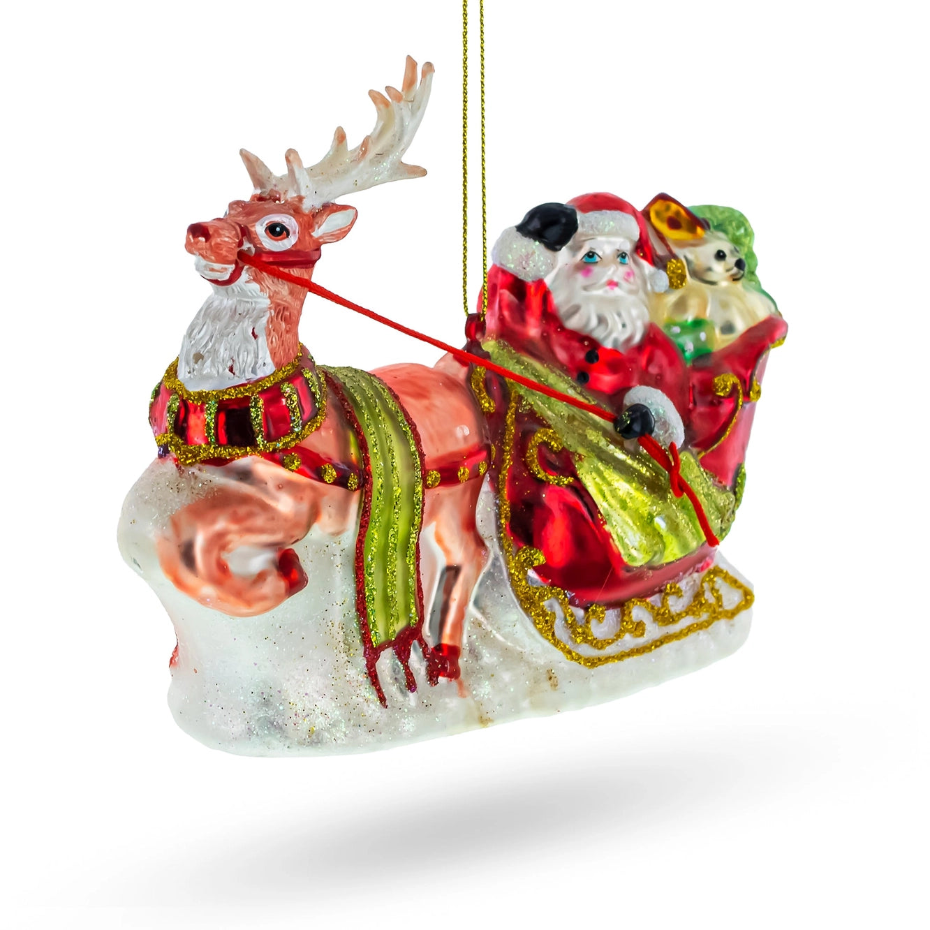 Santa On Festive Sleigh with Reindeer Glass Christmas Ornament