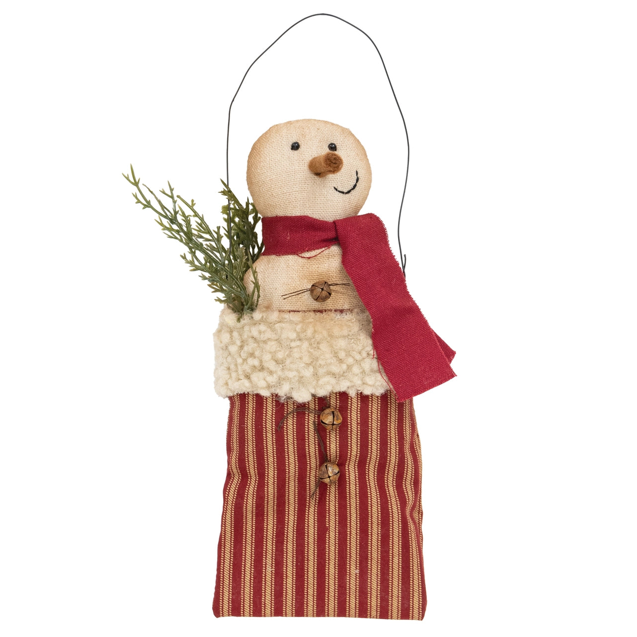 Stuffed Jingle Snowman With Pine in Stripe Sack Hanger 24cm