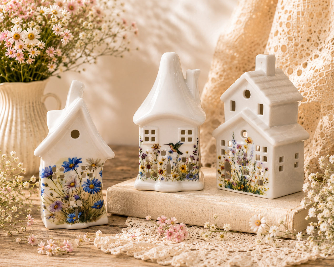 PRE ORDER - Small Blue Daisy Ceramic Tea Light House - 2026 SEPTEMBER ARRIVAL