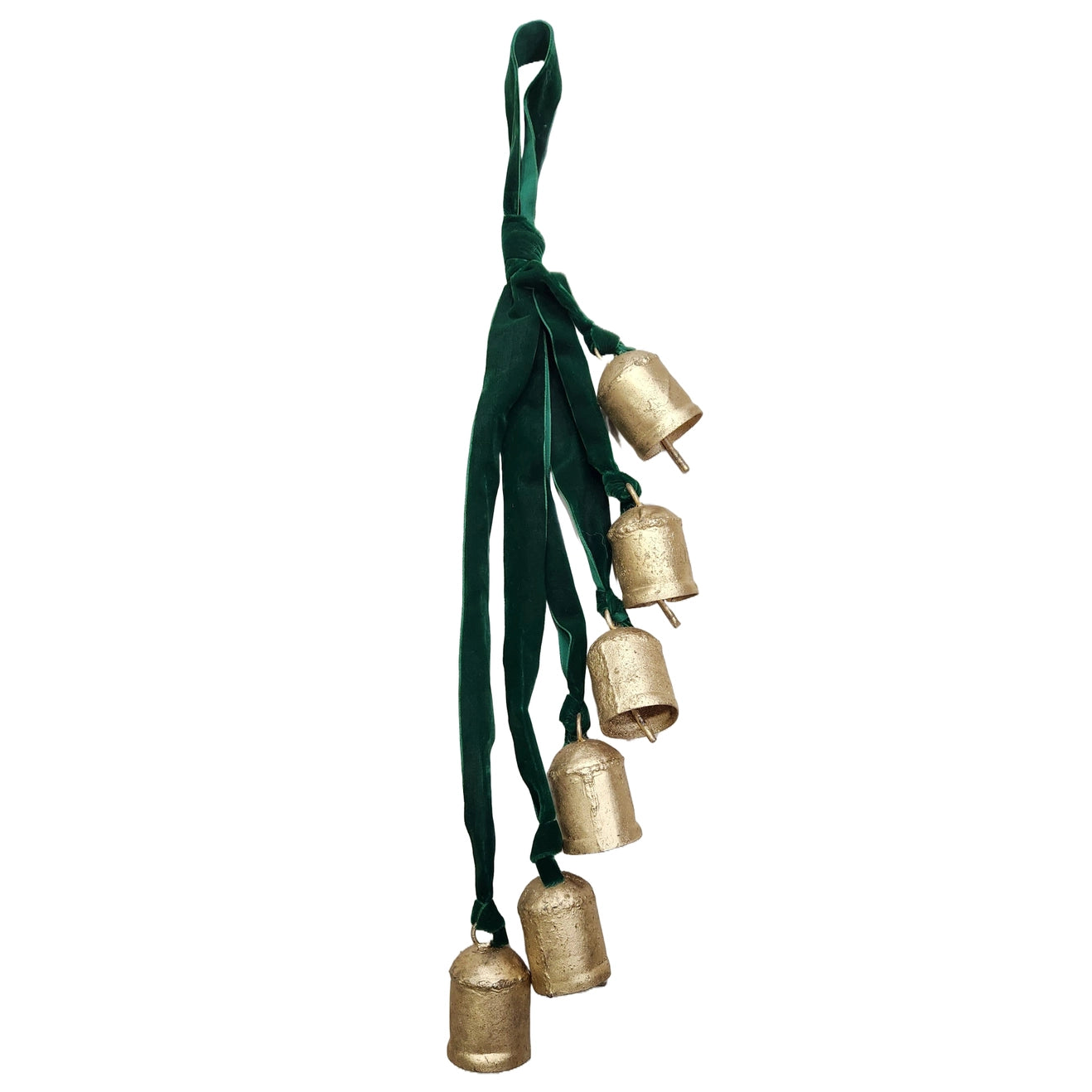6 Cluster Rustic Gold Bells With Deep Green Velvet Ribbon Hanging