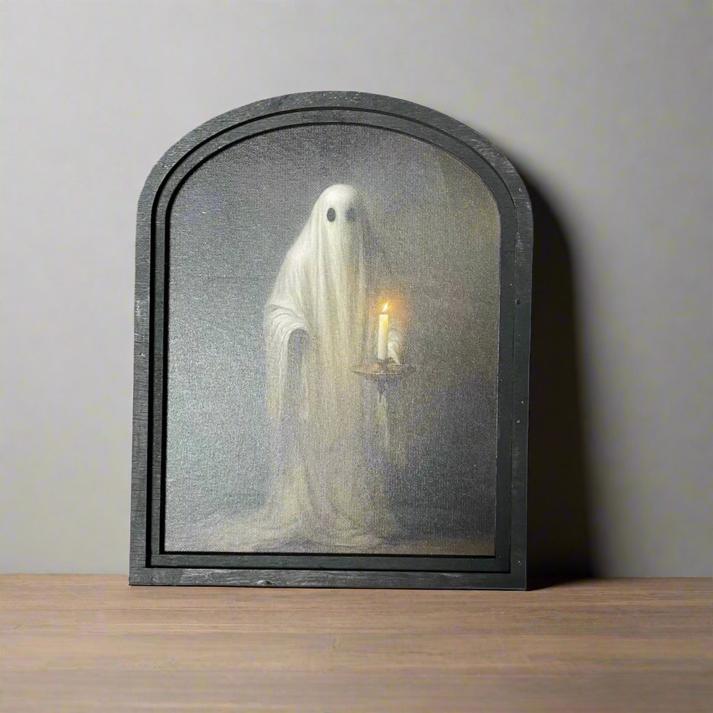 Haunting Ghost Holding Candle in Rustic Black Arched Frame