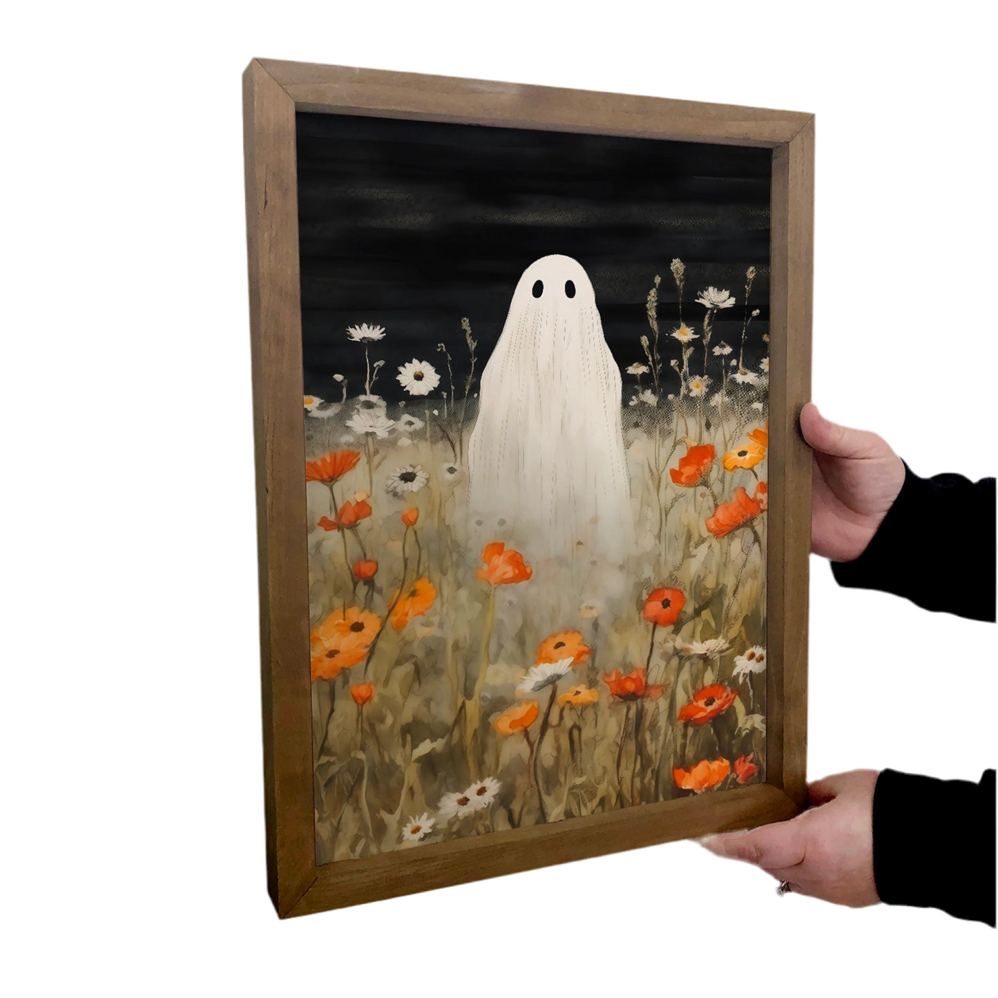 Ghost in Wildflowers Halloween Wooden Framed Canvas Art