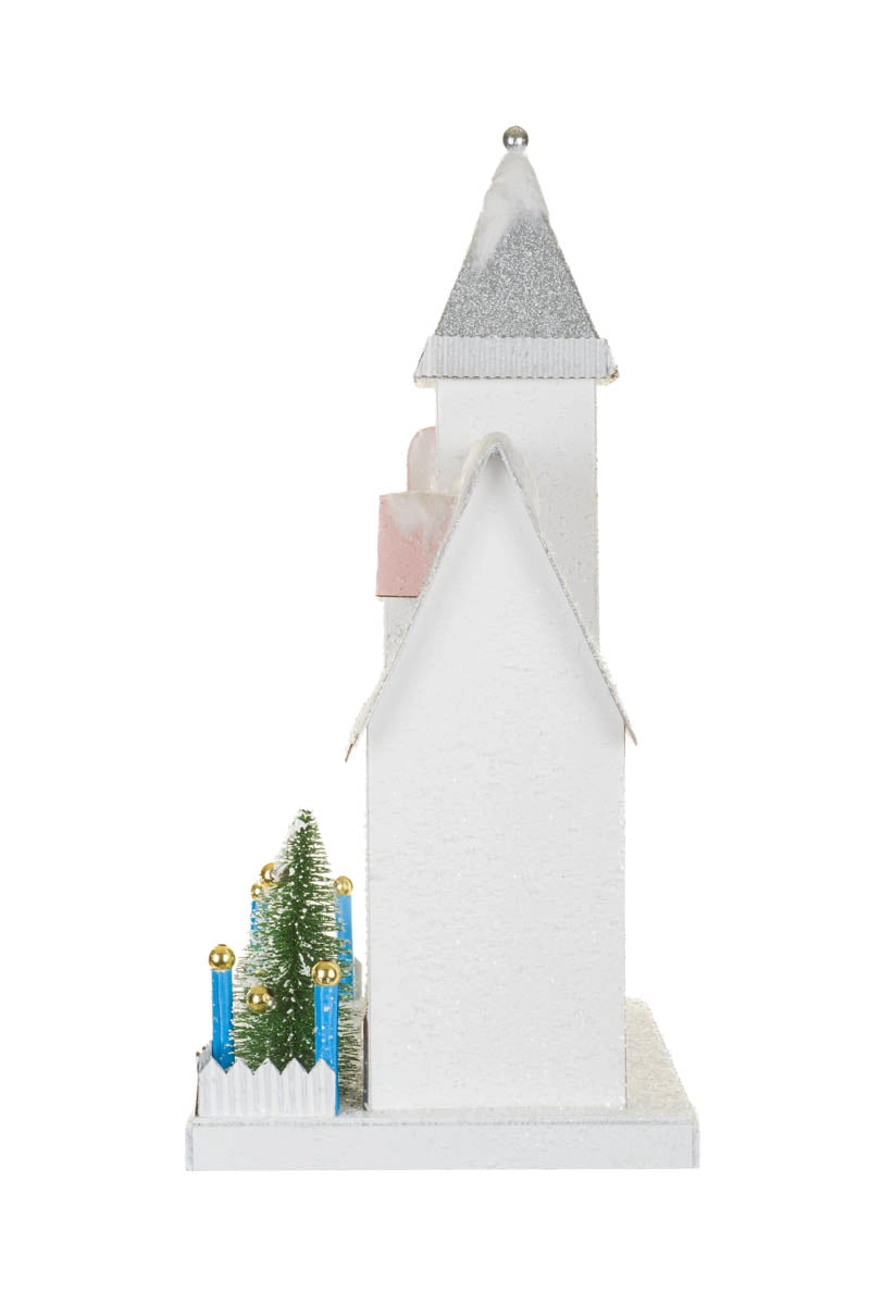 White & Silver Illuminated House with Snowy Roof