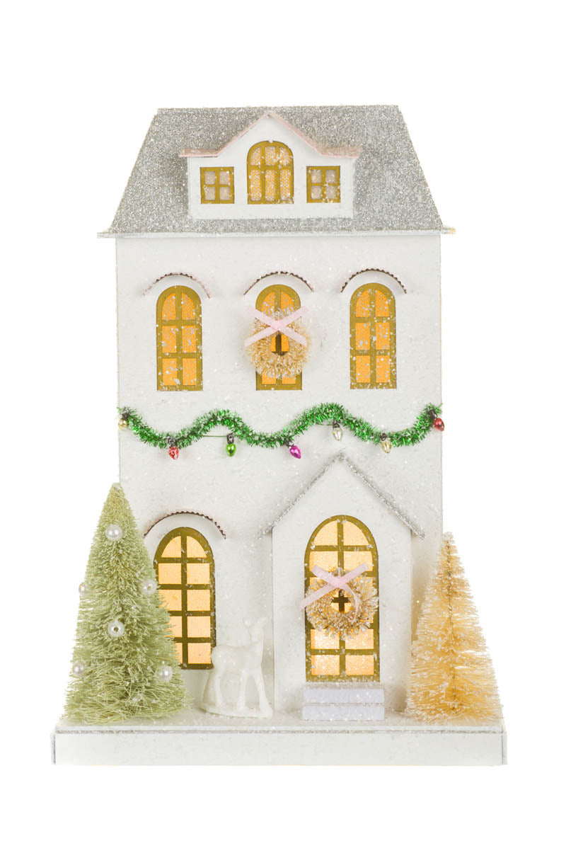 White Glittery Illuminated House with Bow Wreaths