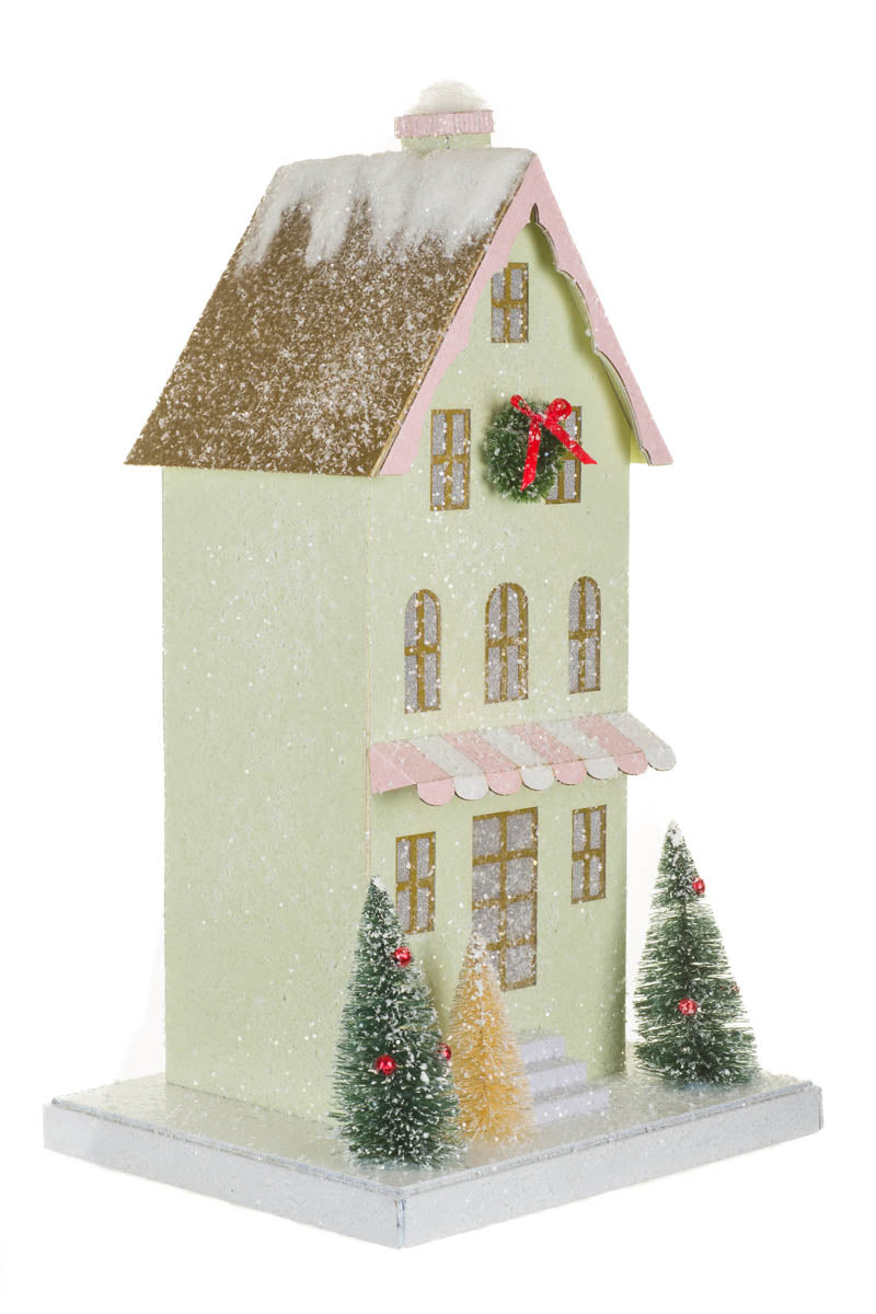 Pastel Green Illuminated House with Snowy Gold Roof - SEPTEMBER ARRIVAL