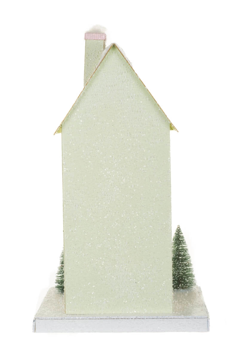 Pastel Green Illuminated House with Snowy Gold Roof