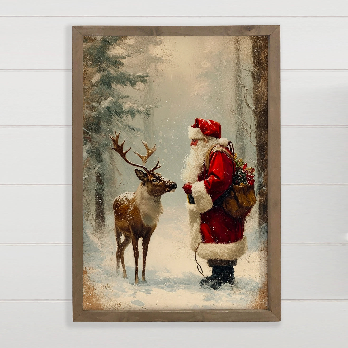PRE ORDER - “Christmas Santa Claus and Reindeer” Canvas Wooden Framed Art