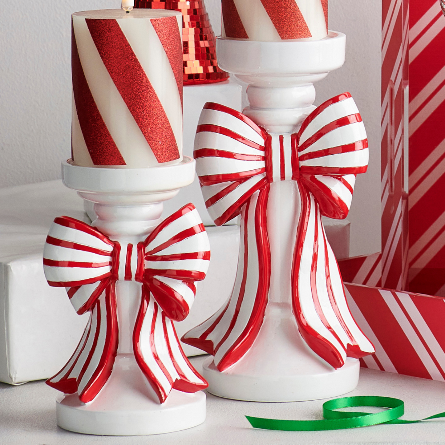 Make It Merry Red And White Stripe Bow Candle Holders Set of 2