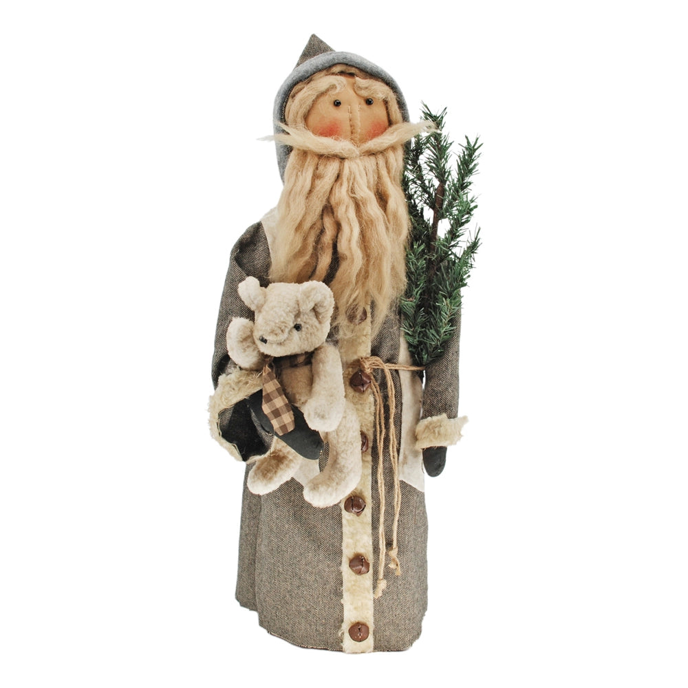 Standing Primitive Grey Coat Santa with Teddy Bear 71cm