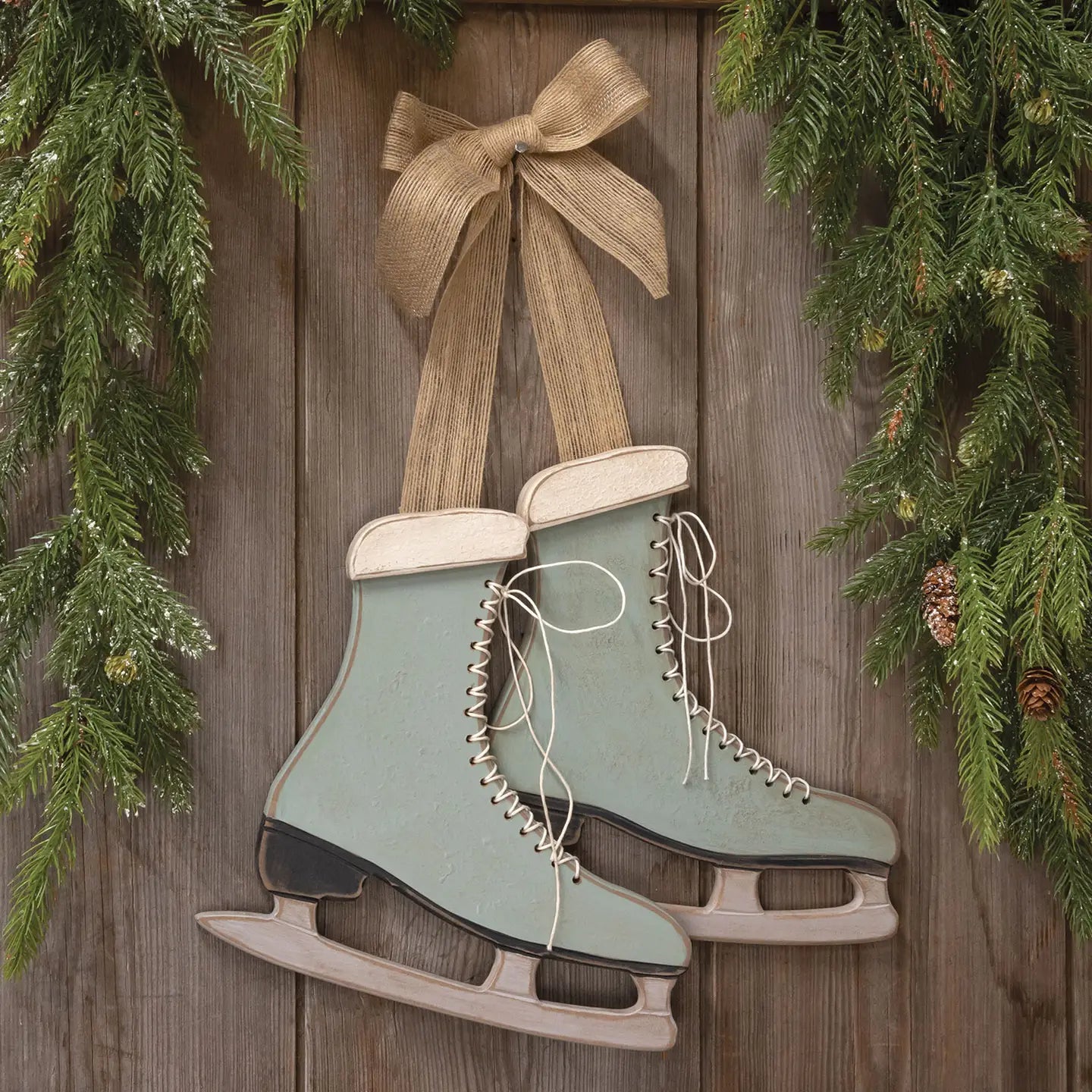 Distressed Wooden Blue Ice Skates With Burlap Hanger
