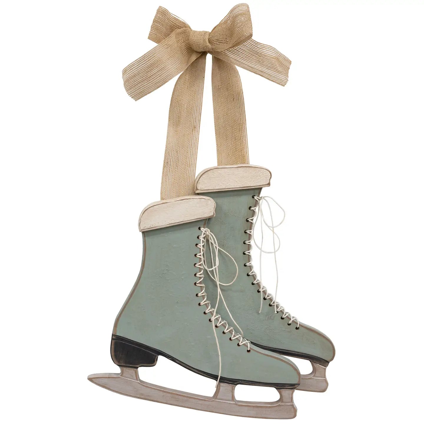 Distressed Wooden Blue Ice Skates With Burlap Hanger