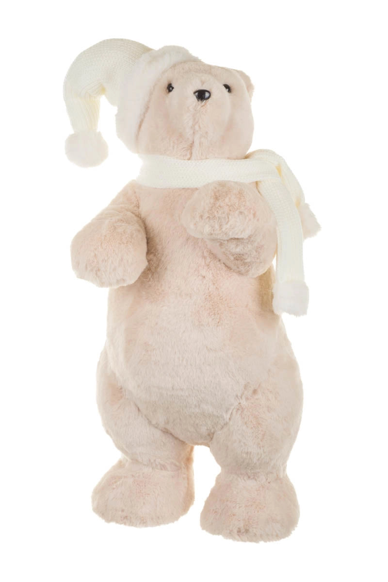 Soft Beige Bear Figurine with Matching White Scarf & Hat 53cm - AUGUST ARRIVAL