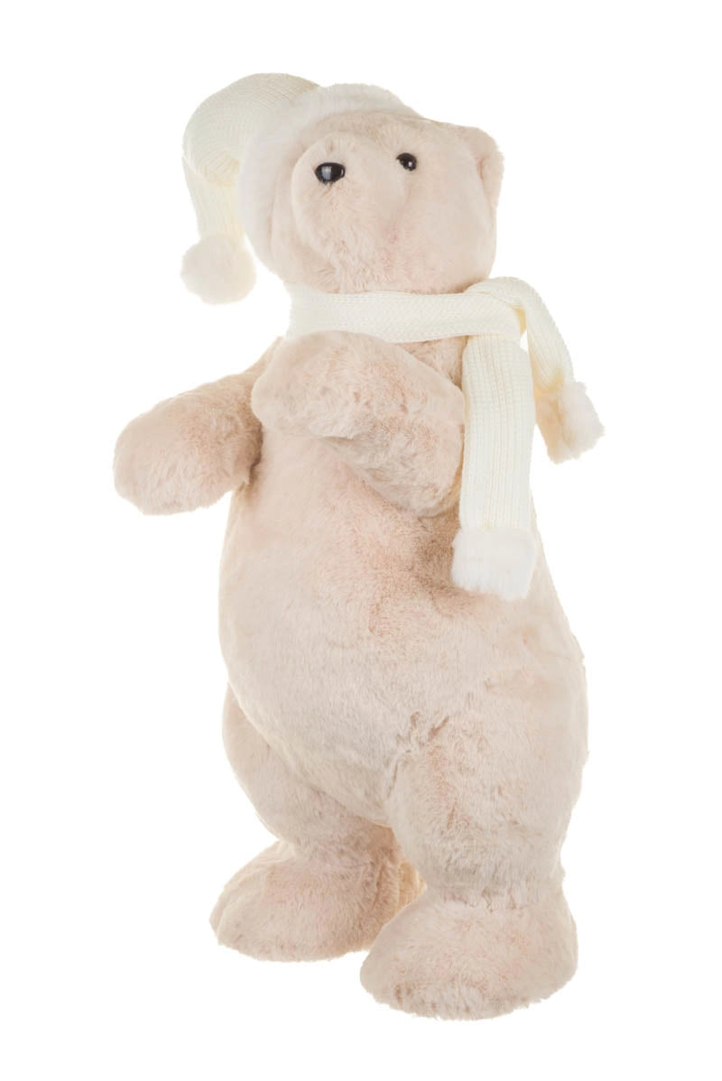 Soft Beige Bear Figurine with Matching White Scarf & Hat 53cm - AUGUST ARRIVAL
