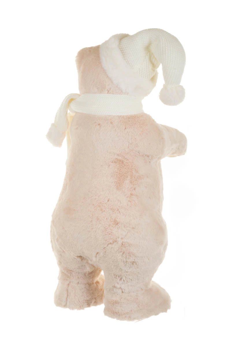 Soft Beige Bear Figurine with Matching White Scarf & Hat 53cm - AUGUST ARRIVAL
