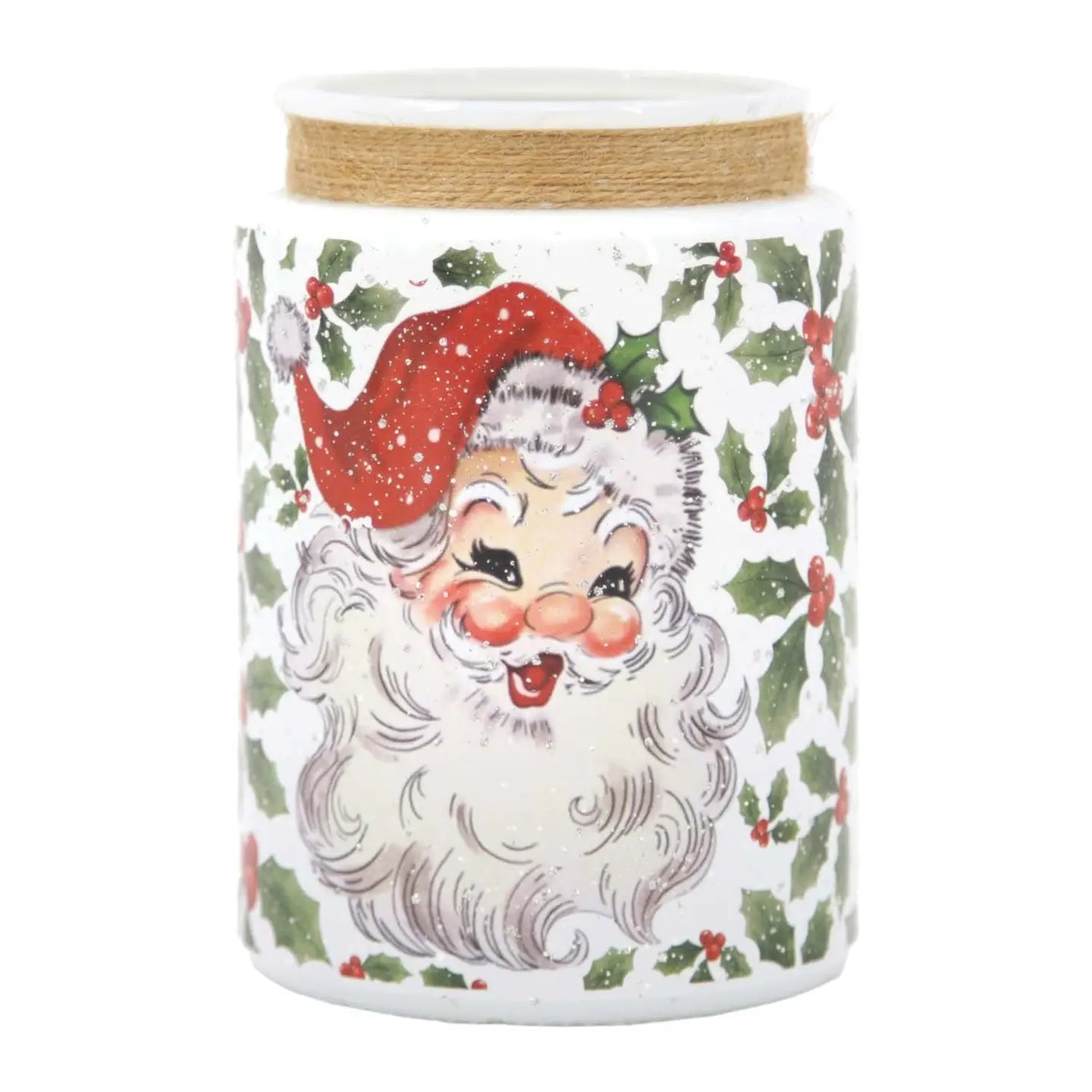 Glass Vintage Santa and Holly Jar