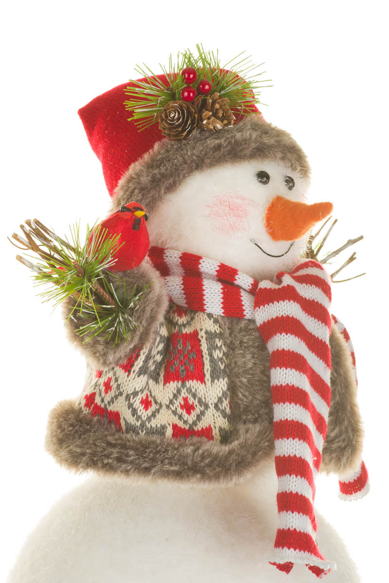 Red Cozy Snowman Figurine with Cardinal 38cm - AUGUST ARRIVAL