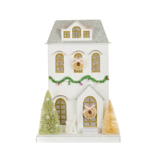 White Glittery Illuminated House with Bow Wreaths - SEPTEMBER ARRIVAL