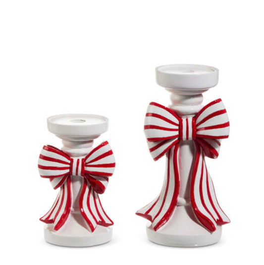 Make It Merry Red And White Stripe Bow Candle Holders Set of 2 - OCTOBER ARRIVAL