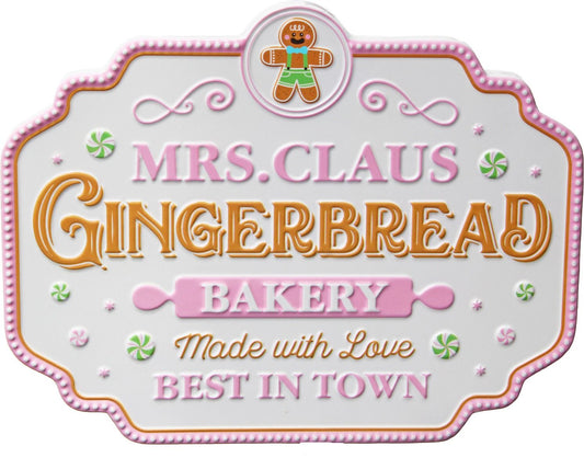 Metal Pink Mrs Claus Bakery Sign - AUGUST ARRIVAL