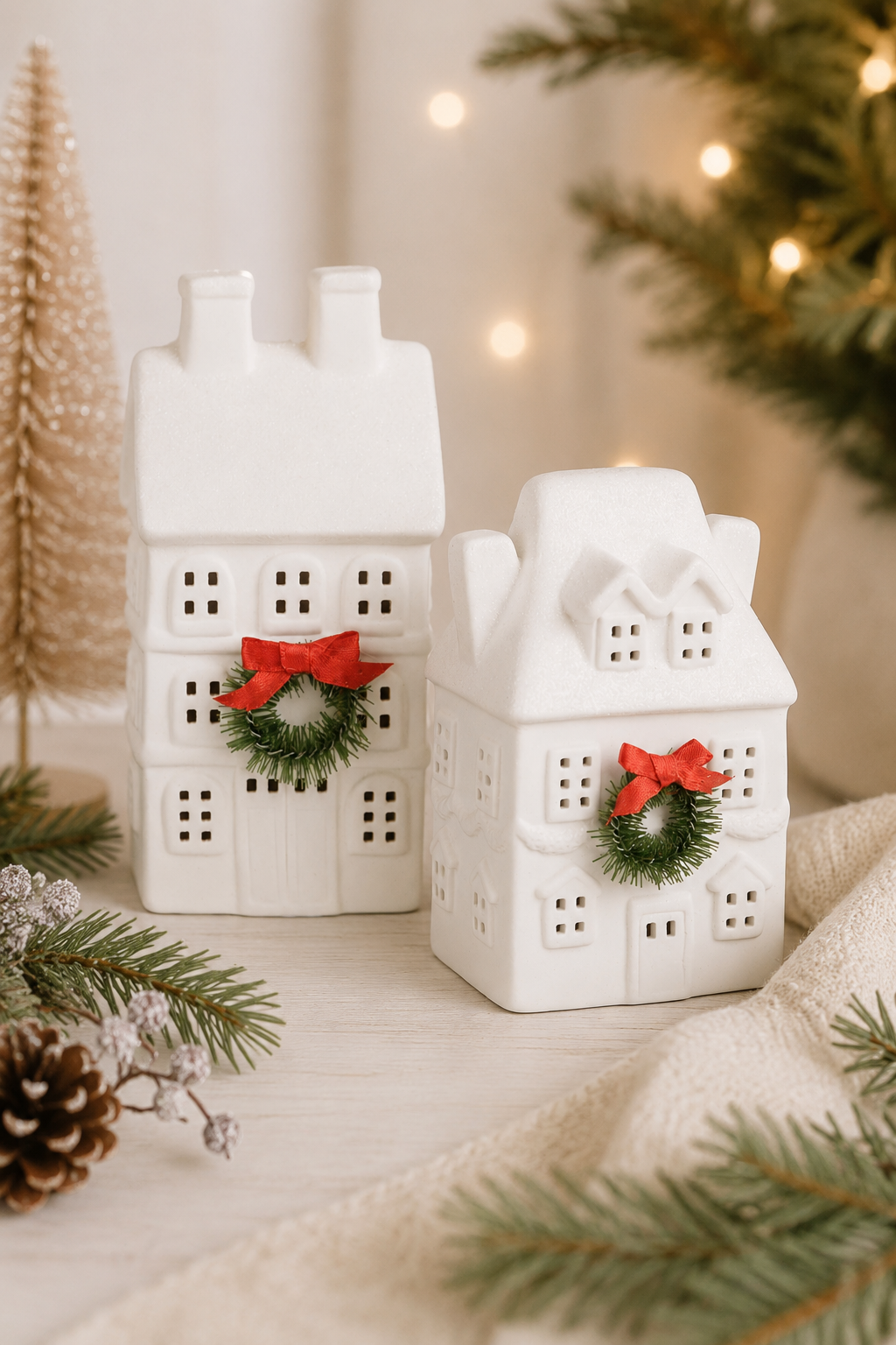 PRE ORDER - White Light up Christmas Village Townhouse With Wreath - 2026 OCTOBER ARRIVAL
