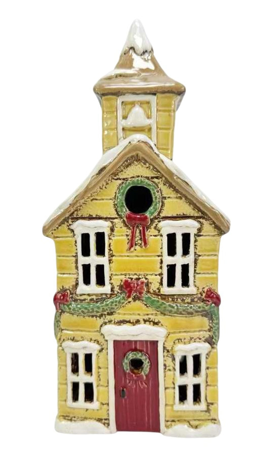 PRE ORDER - yellow Pottery Christmas Church Tea Light House - 2026 SEPTEMBER ARRIVAL