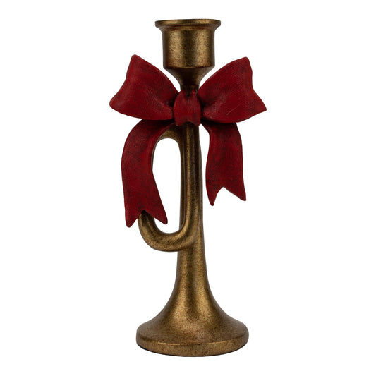 PRE ORDER - Resin Gold Trumpet With Red Bow Candle Holder 20cm - 2026 OCTOBER ARRIVAL