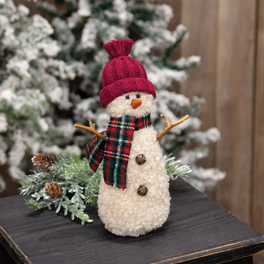Burgundy Hat Primitive Snowman With Green & Red Plaid Scarf 24cm