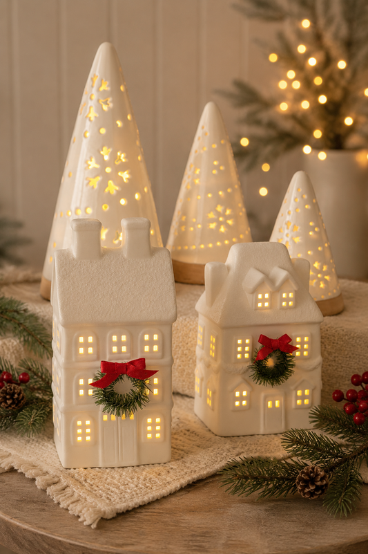 PRE ORDER - White Light up Christmas Village Townhouse With Wreath - 2026 OCTOBER ARRIVAL
