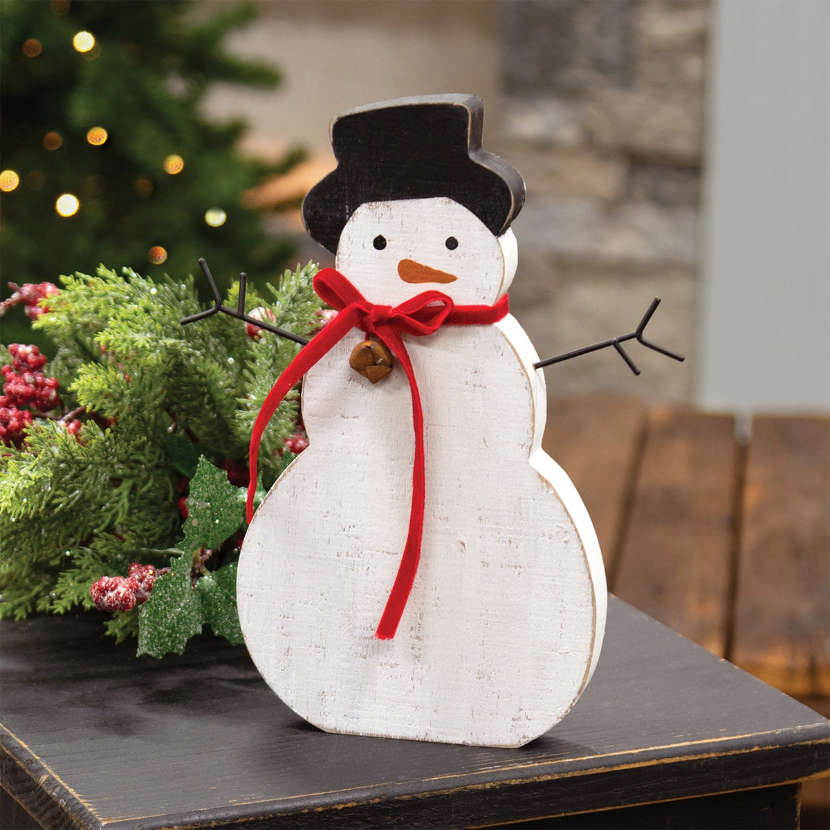 PRE ORDER - Rustic Wood Snowman Sitter with Red Velvet Scarf - 2026 OCTOBER ARRIVAL