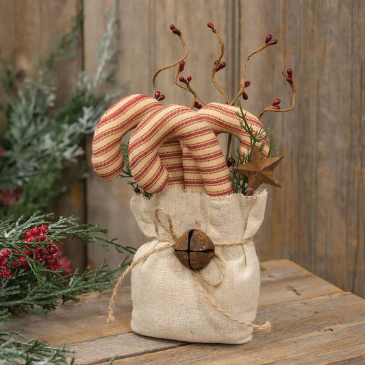 Primitive Stuffed Stripe Candy Canes & Greenery Goody Bag 24cm