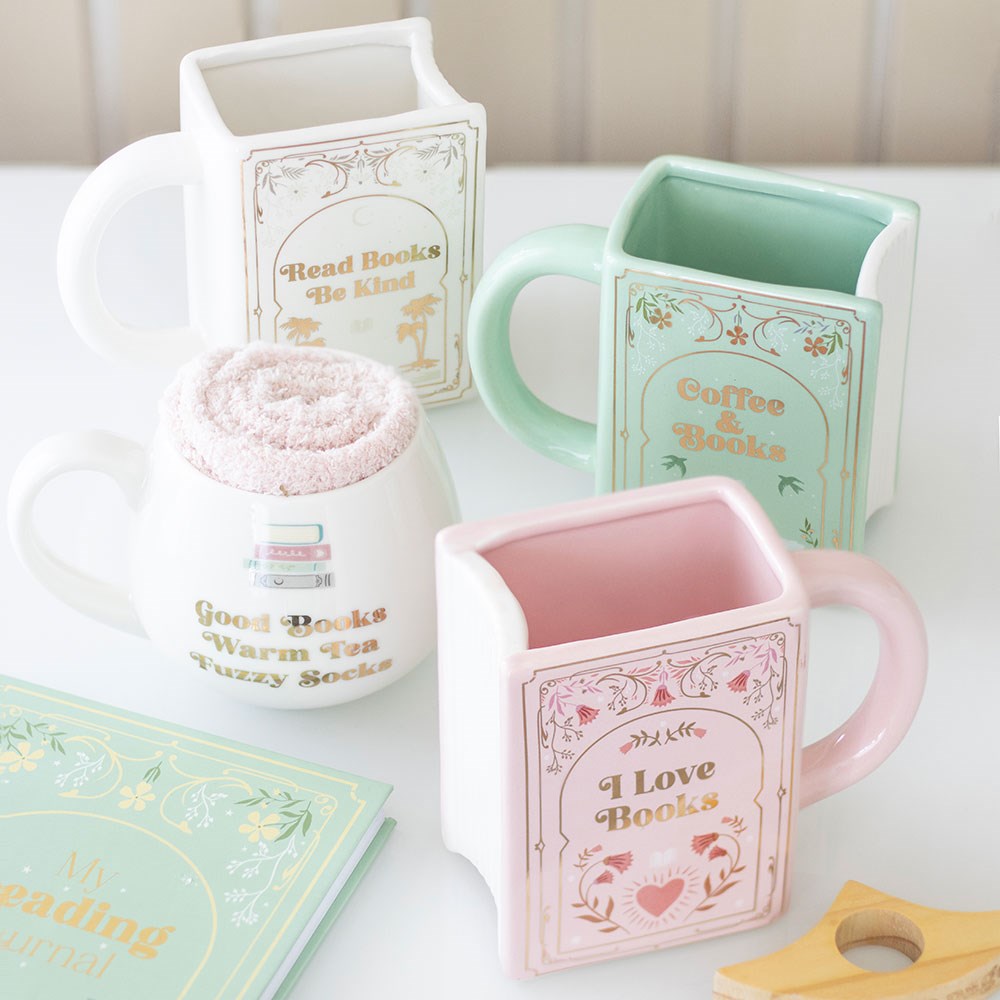 “Coffee and Books” Green Ceramic Book Shaped Mug