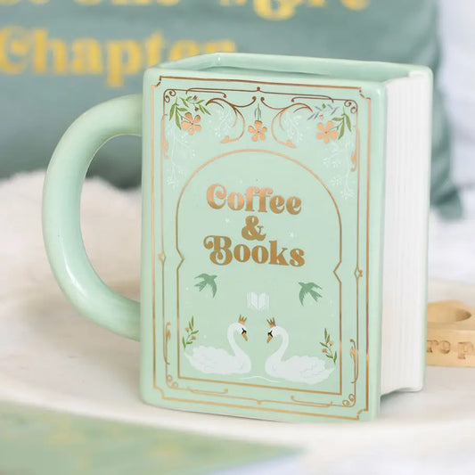 “Coffee and Books” Green Ceramic Book Shaped Mug