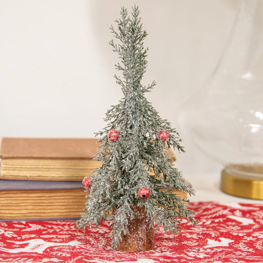 Winter Frost Pine Tree With Red Baubles 25cm - LATE SEPTEMBER ARRIVAL