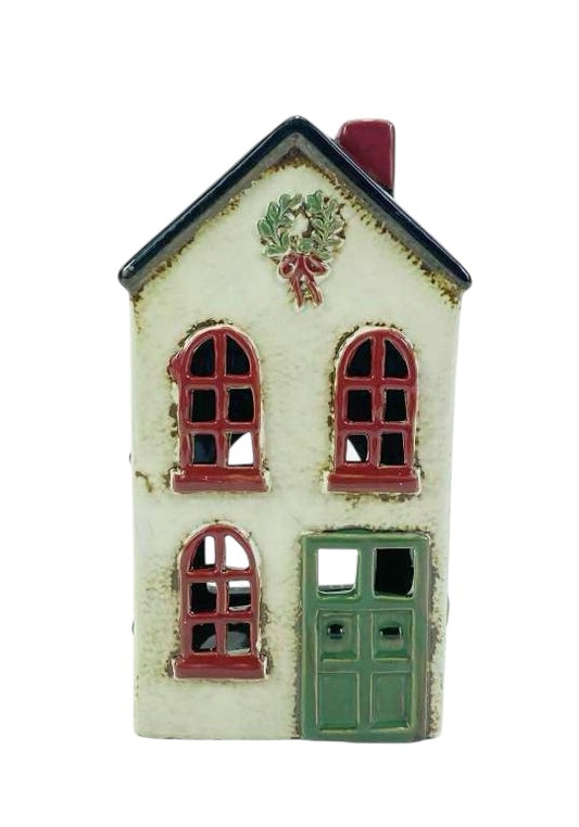 PRE ORDER - Green Door Pottery Christmas Tea Light House with Wreath - 2026 SEPTEMBER ARRIVAL