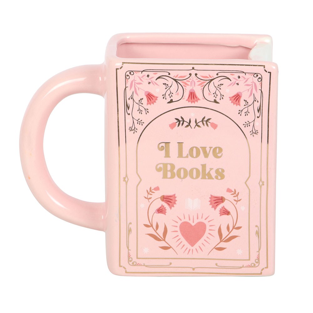 “I Love Books” Pink Book Shaped Ceramic Mug