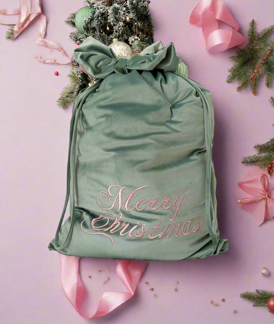 Sage Green “MERRY CHRISTMAS ” Luxury Velvet Santa Sack