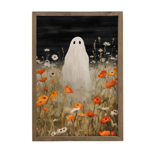 Ghost in Wildflowers Halloween Wooden Framed Canvas Art