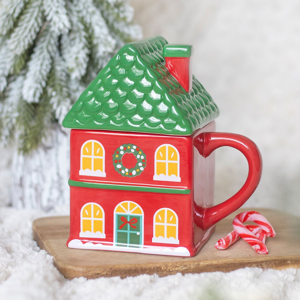 PRE ORDER - Red Christmas House Lidded Mug - 2026 SEPTEMBER ARRIVAL