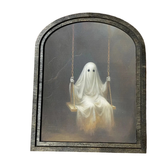 Haunting Ghost Swinging in Rustic Black Arched Wooden Frame - MID SEPTEMBER ARRIVAL