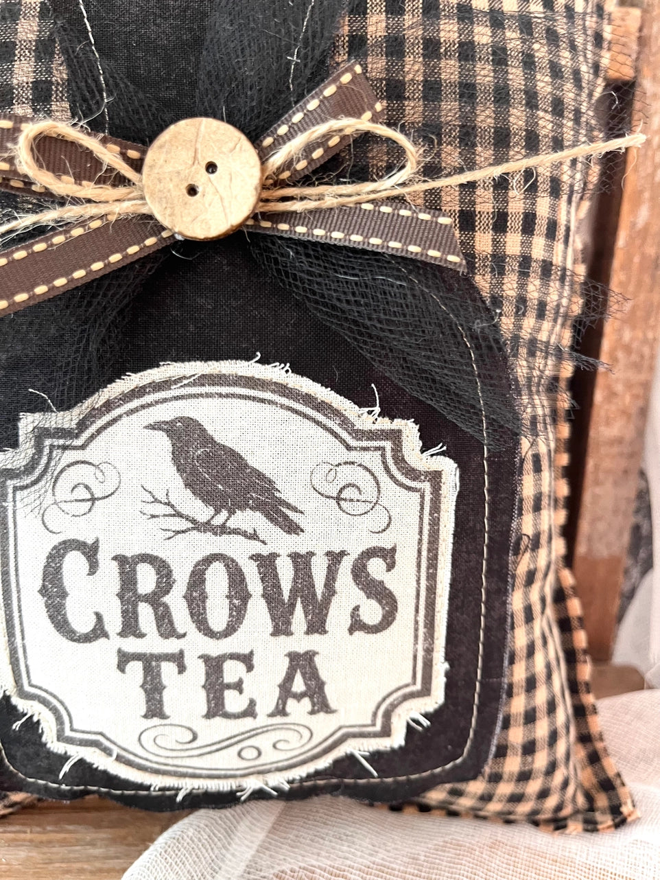PRE ORDER - Primitive Crows Tea Fabric Pillow - 2026 SEPTEMBER ARRIVAL